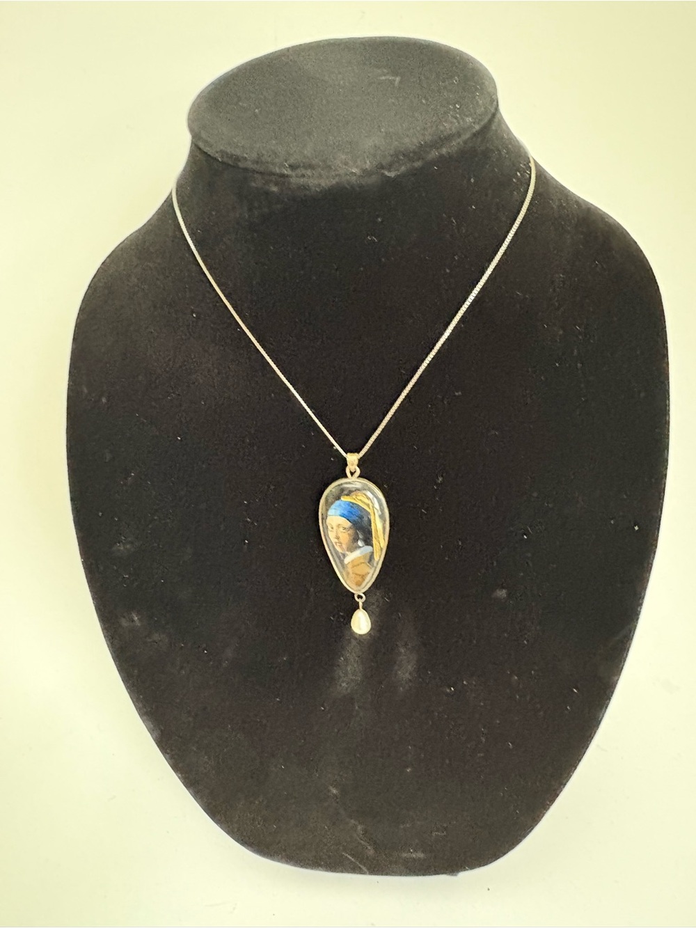 Hand-Painted Portrait Teardrop Necklace in Blue and Gold
